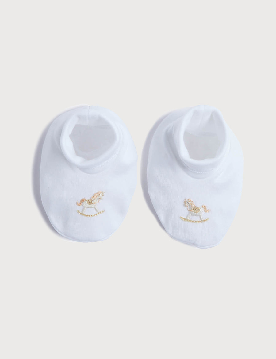 Old Newborn Booties With Rocking Horse Embroidery Beige (0-3mths) Knitted Accessories  from Pepa London