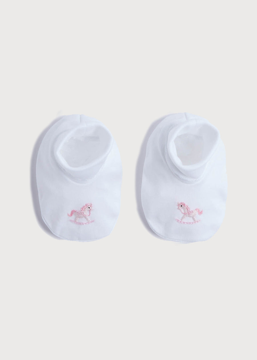 Old Newborn Booties With Rocking Horse Embroidery Pink (0-3mths) Knitted Accessories  from Pepa London