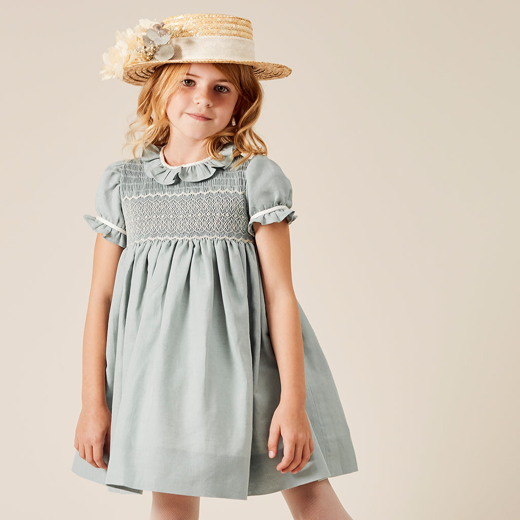 Hand Smocked Flower Girl Occasion Dress in Teal & Ivory (12mths-8yrs) Dresses  from Pepa London