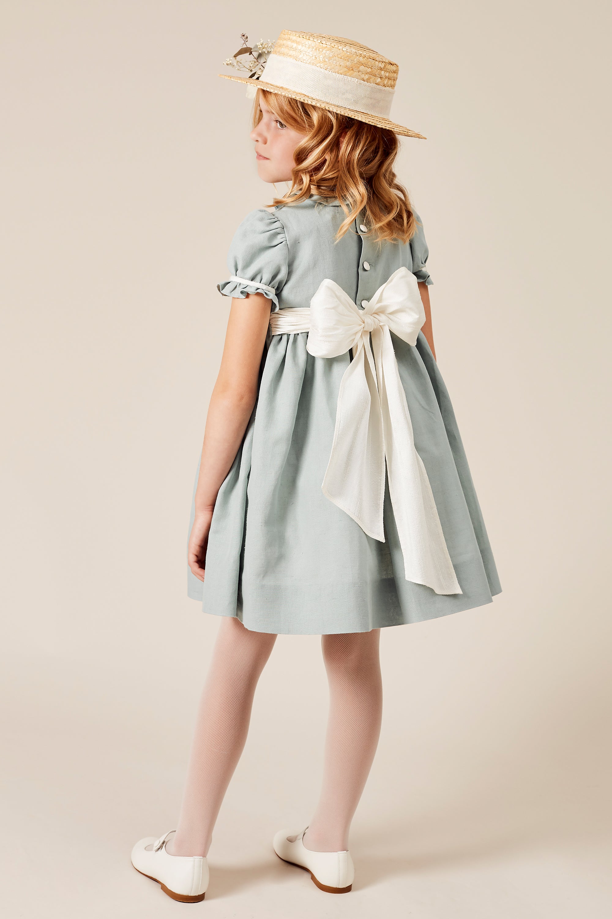 Hand Smocked Flower Girl Occasion Dress in Teal & Ivory (12mths-8yrs) Dresses  from Pepa London