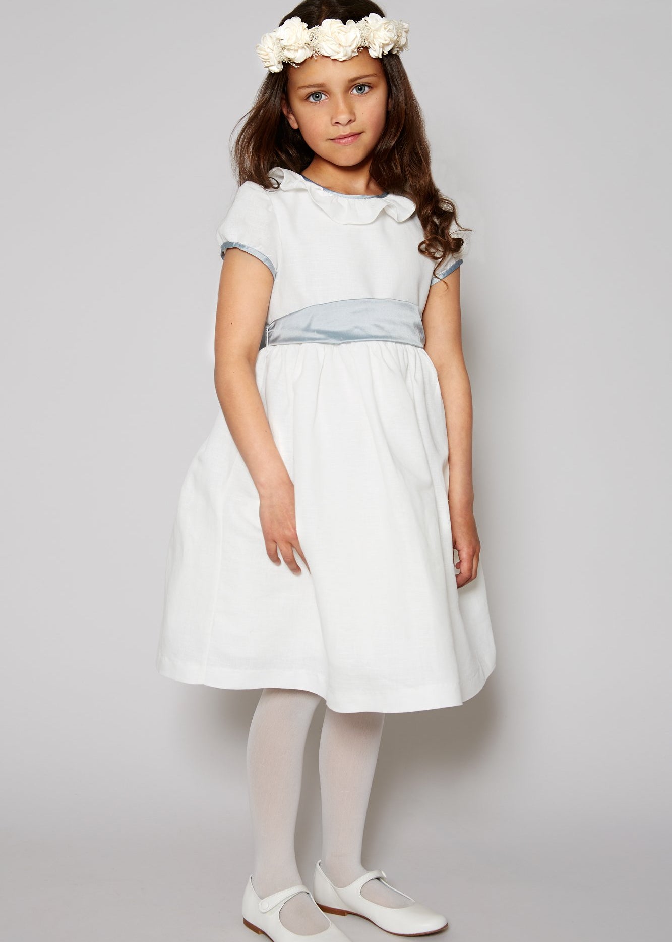 Flower Girl Ivory Dress with Blue Silk Sash (6mths-10yrs) Dresses from Pepa London
