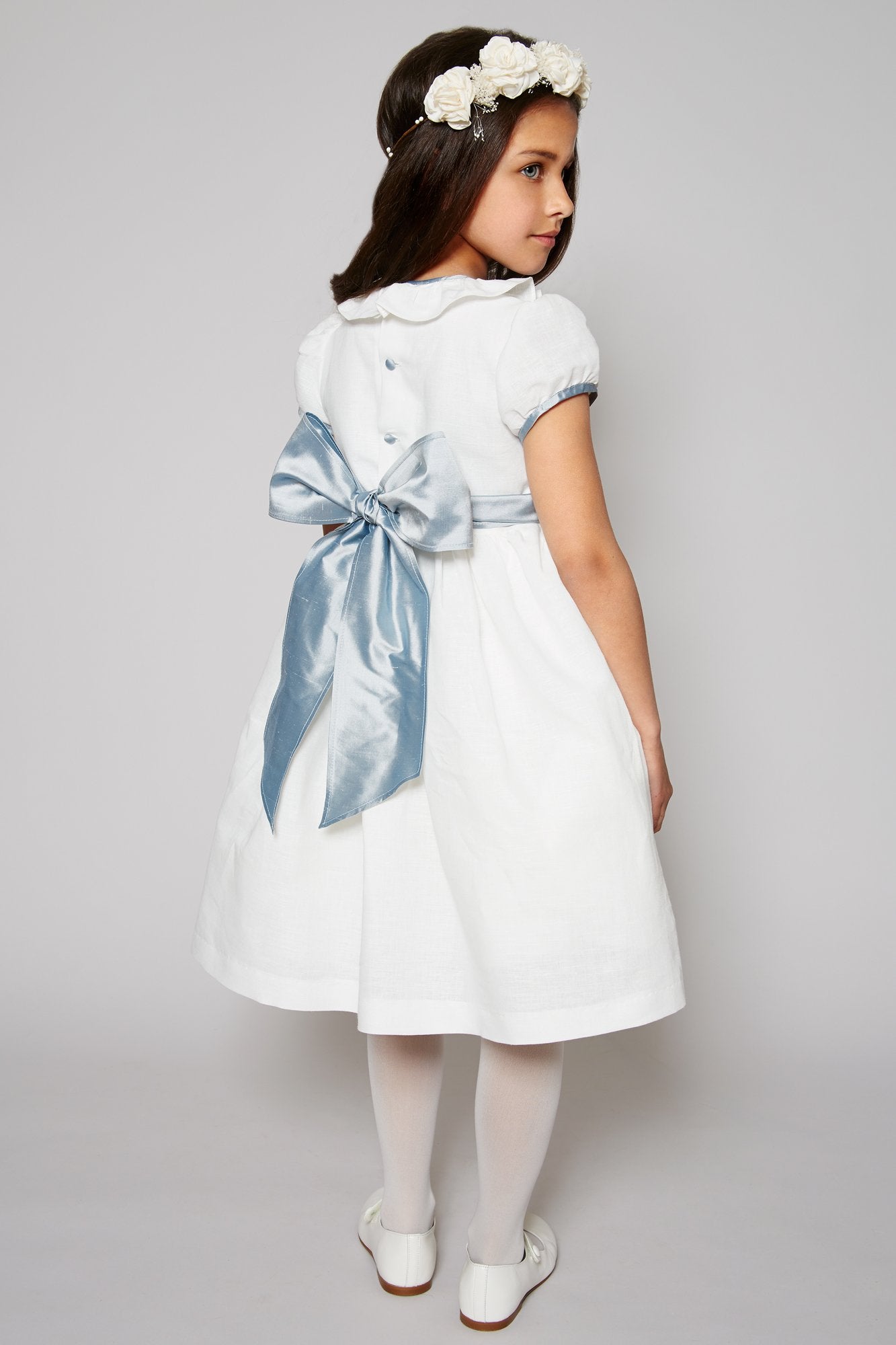 Flower Girl White Dress with Blue Silk Sash Pepa London Flower Girl White Dress with Blue Silk Sash Pepa London
