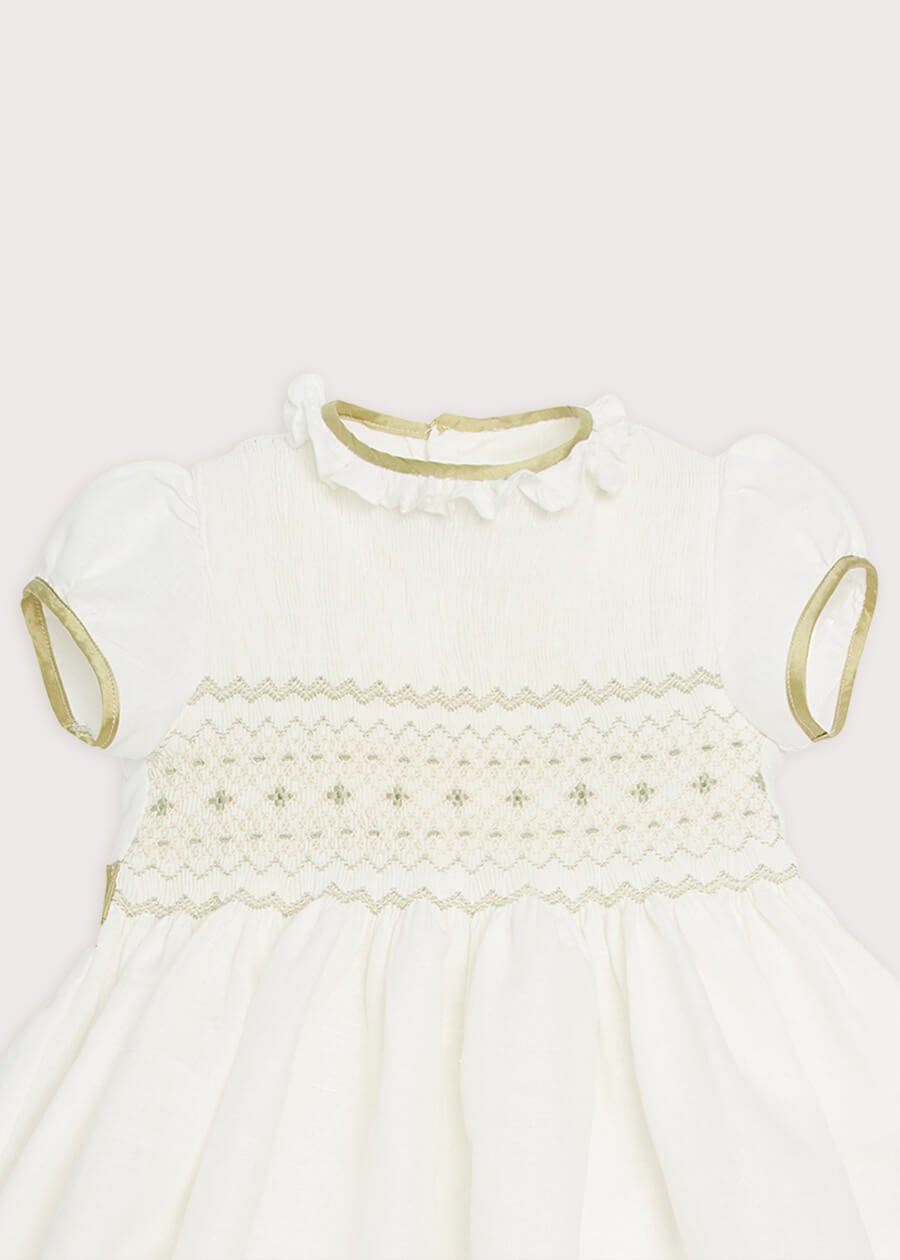 Ivory Hand Smocked Occasion Dress with Green Details (6mths-8yrs) Dresses from Pepa London