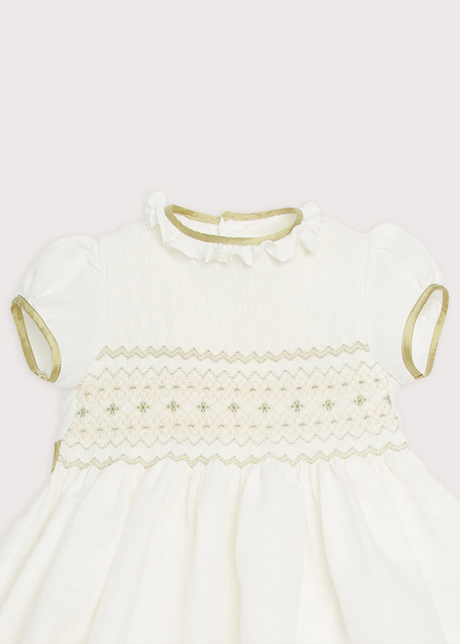 Ivory Handsmocked Occasion Dress with Green Details (12mths-8yrs) Dresses  from Pepa London