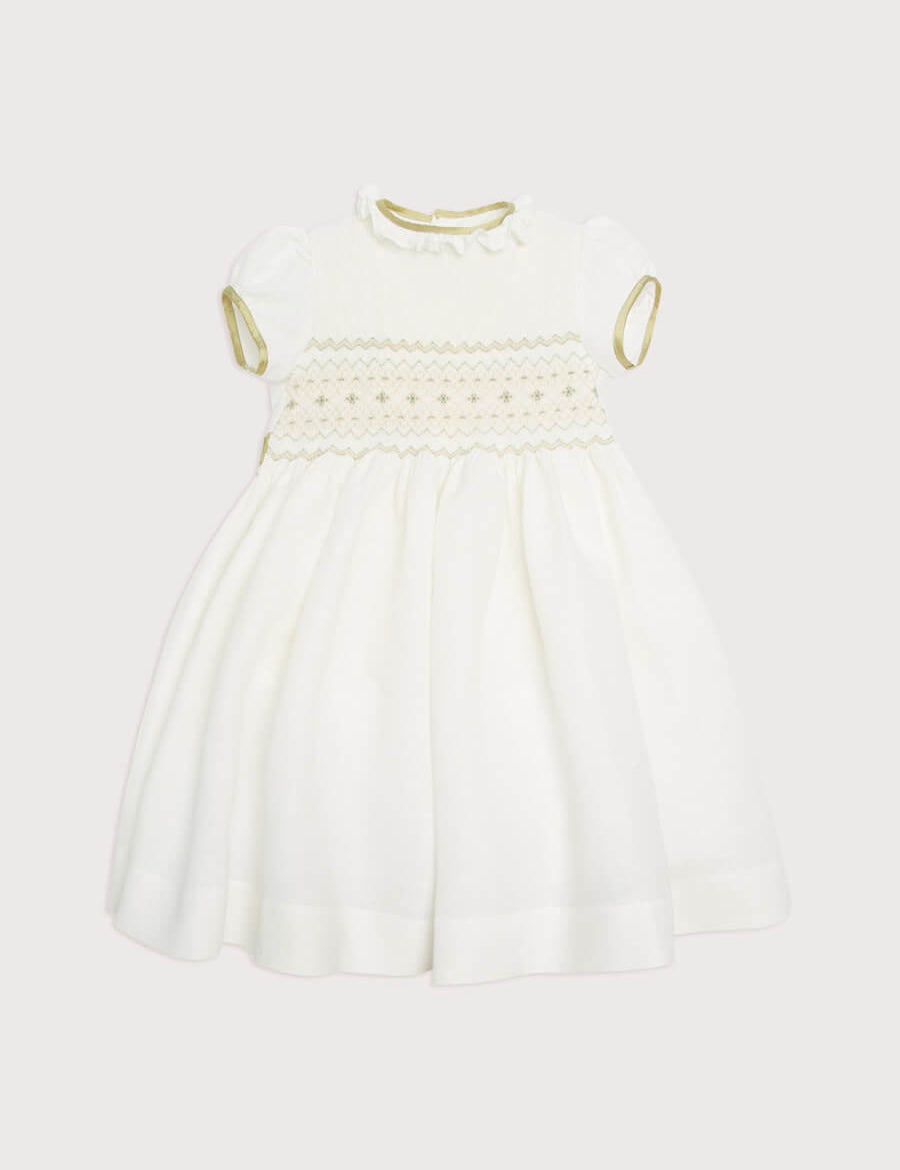 Ivory Hand Smocked Occasion Dress with Green Details (6mths-8yrs) Dresses from Pepa London