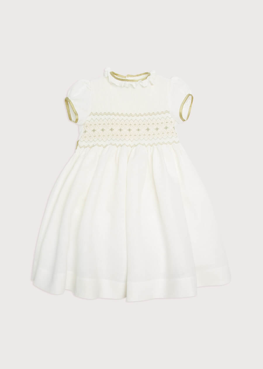 Ivory Hand Smocked Occasion Dress with Green Details (6mths-8yrs) Dresses from Pepa London