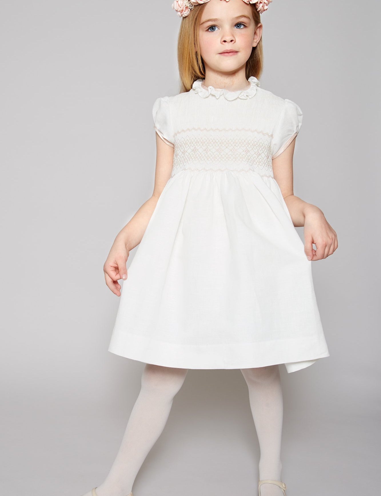 Ivory Hand Smocked Occasion Dress with Pink Details (6mths-10yrs) Dresses from Pepa London