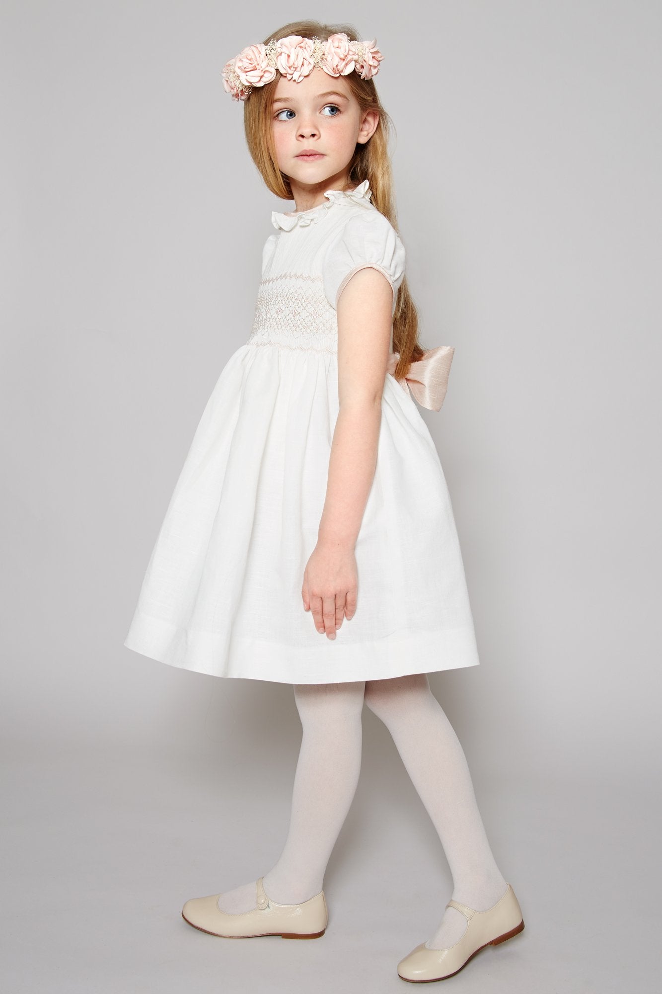 Ivory Handsmocked Occasion Dress with Pink Details (12mths-8yrs) Dresses  from Pepa London