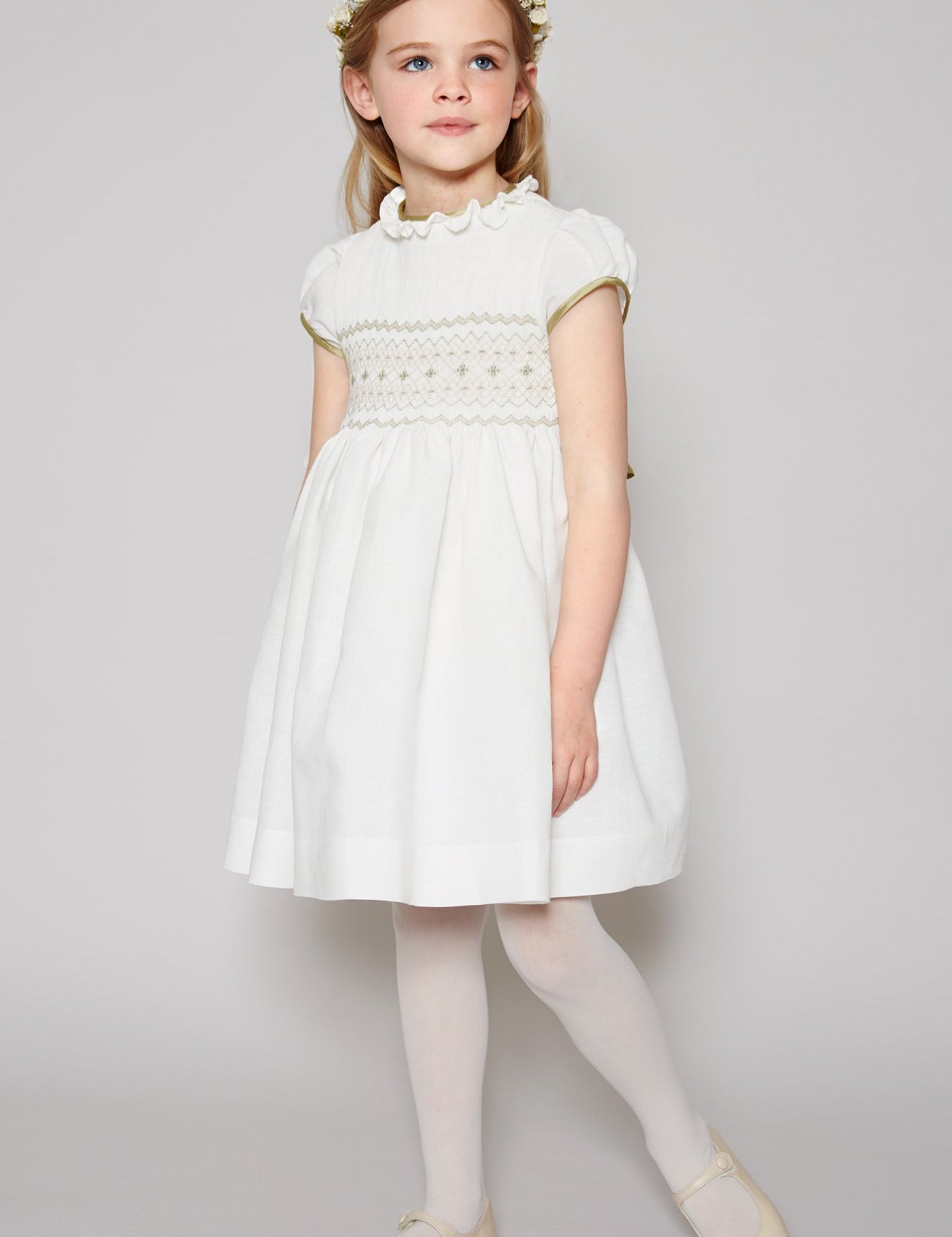 Ivory Hand Smocked Occasion Dress with Green Details (6mths-8yrs) Dresses from Pepa London