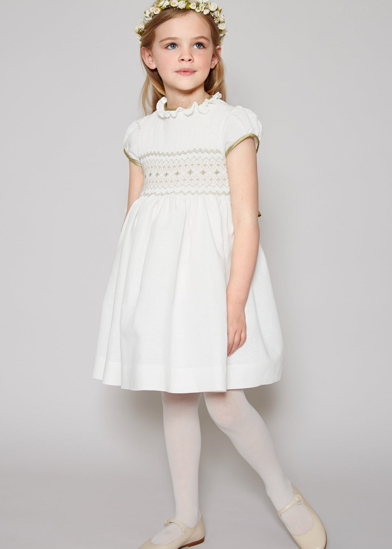 Ivory Hand Smocked Occasion Dress with Green Details (6mths-8yrs) Dresses from Pepa London