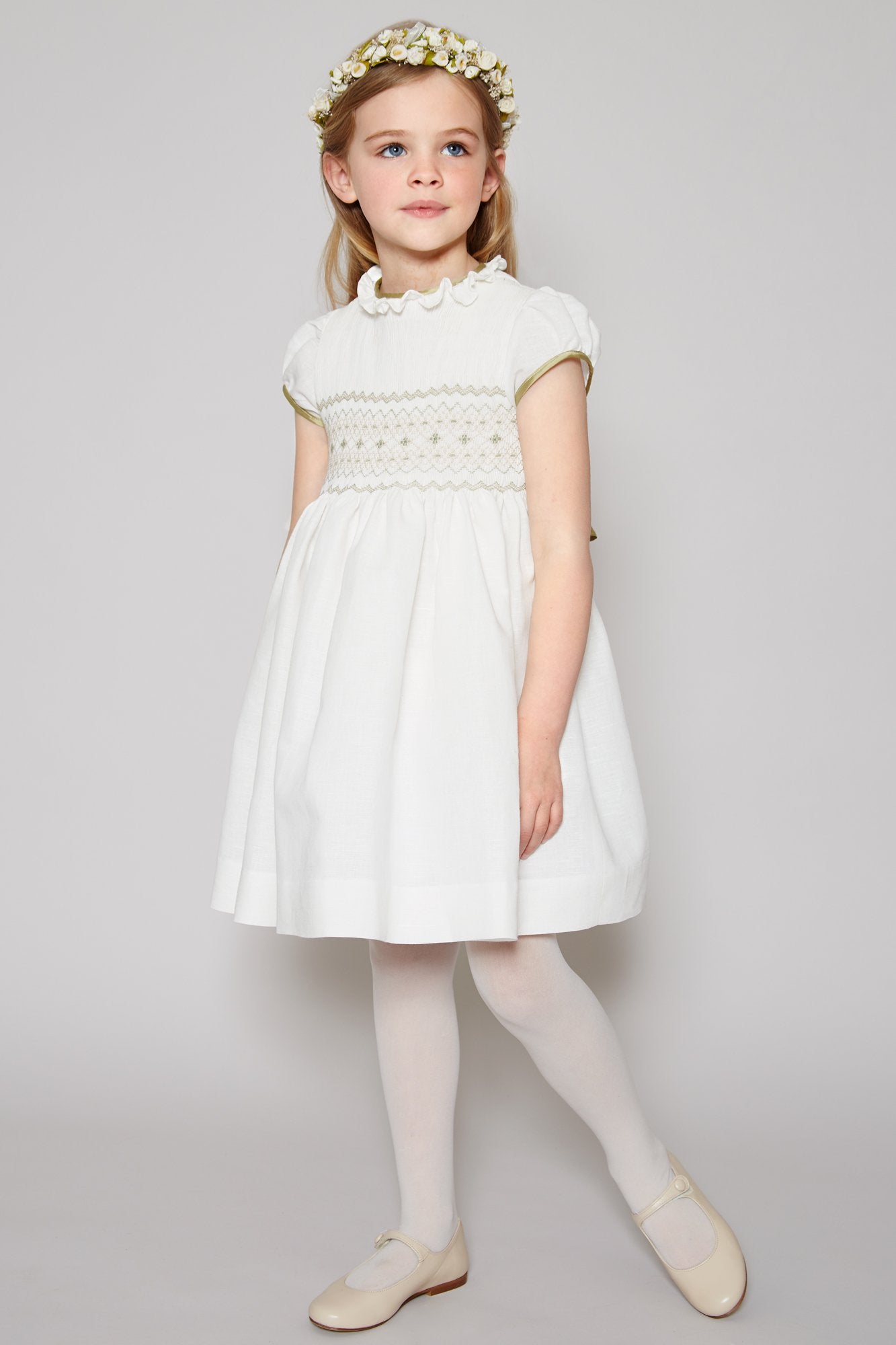 Ivory Hand Smocked Occasion Dress with Green Details (6mths-8yrs) Dresses from Pepa London