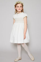 Ivory Hand Smocked Occasion Dress with Green Details (6mths-8yrs) Dresses from Pepa London