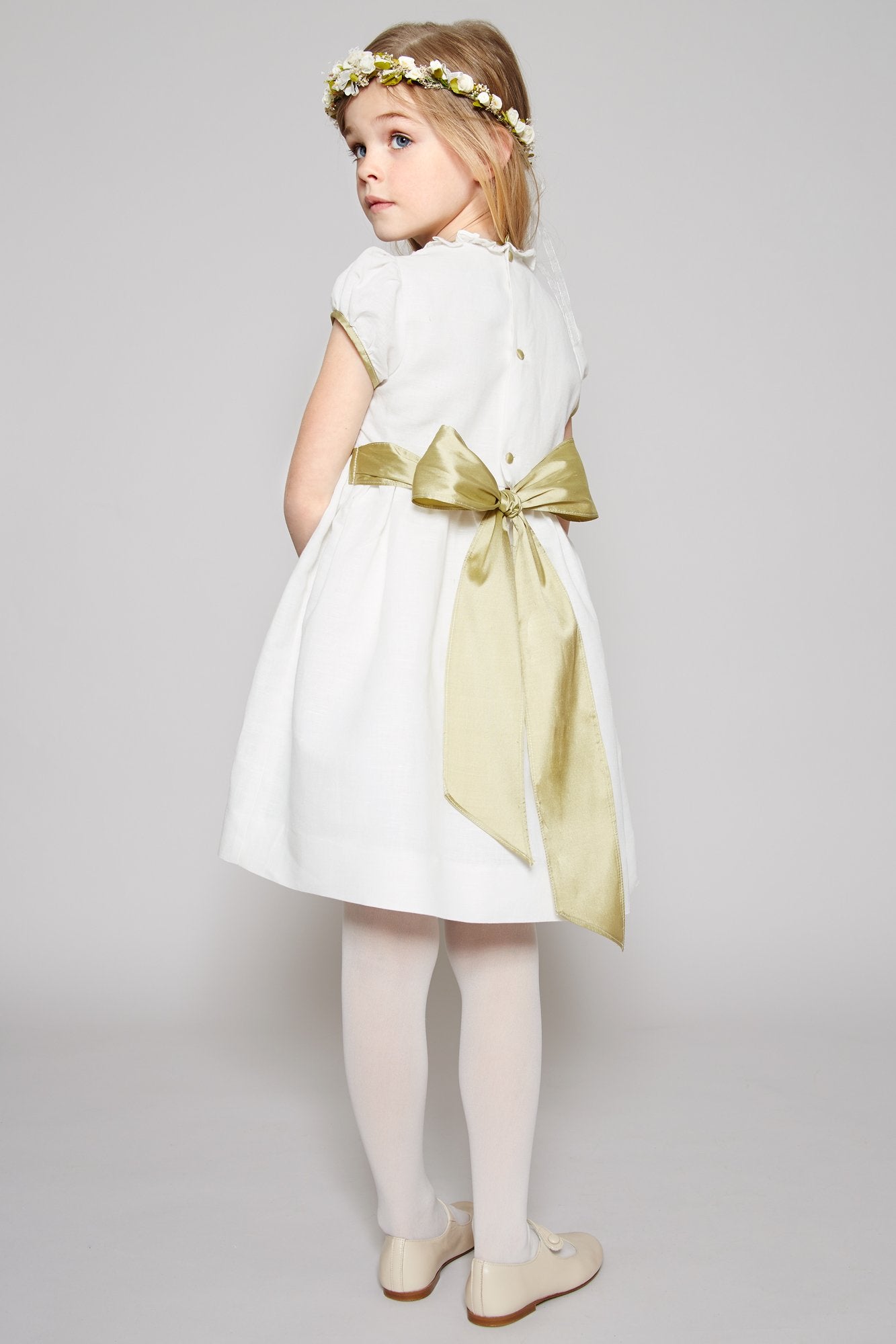 Ivory Hand Smocked Occasion Dress with Green Details (6mths-8yrs) Dresses from Pepa London