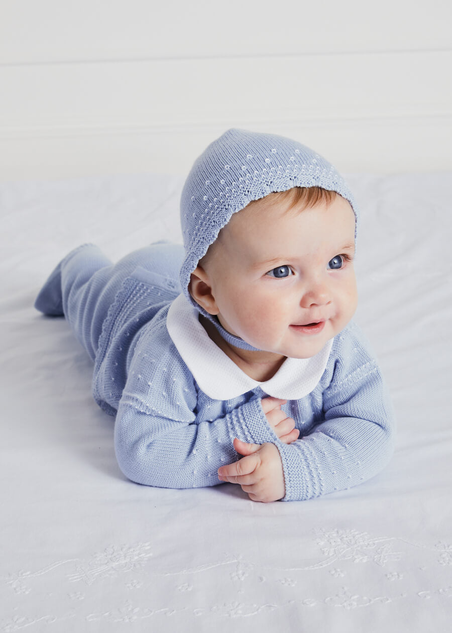 Gentle Openwork Peter Pan Collar 3 Piece Knitted Set in Blue (0-6mths) Knitted Sets  from Pepa London