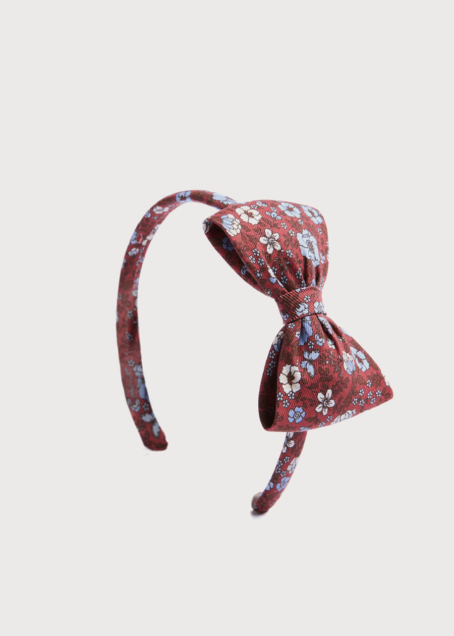 Floral Print Bow Hairband in Burgundy Hair Accessories  from Pepa London