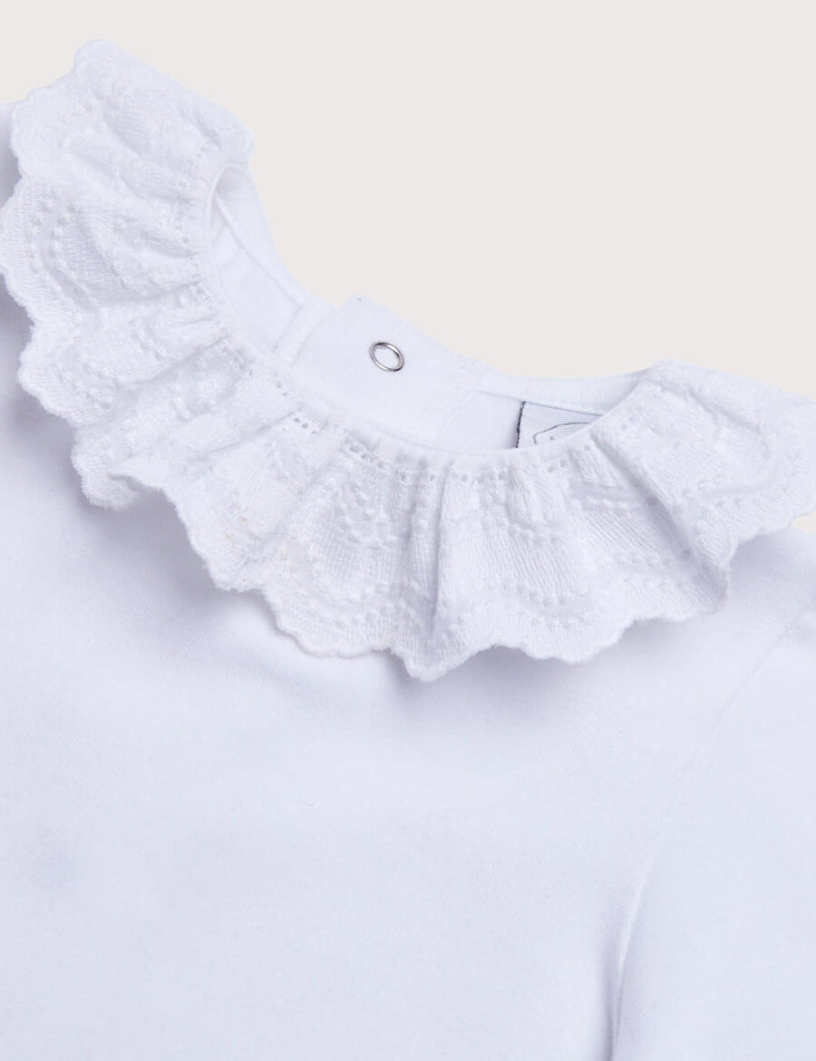 Frill Collar Long Sleeve Bodysuit in White (0mths-3yrs) Tops & Bodysuits from Pepa London