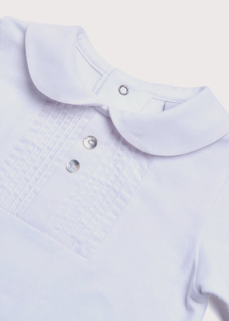 Peter Pan Collar Long Sleeve Pleated Bib Bodysuit in White (0mths-2yrs) Tops & Bodysuits  from Pepa London