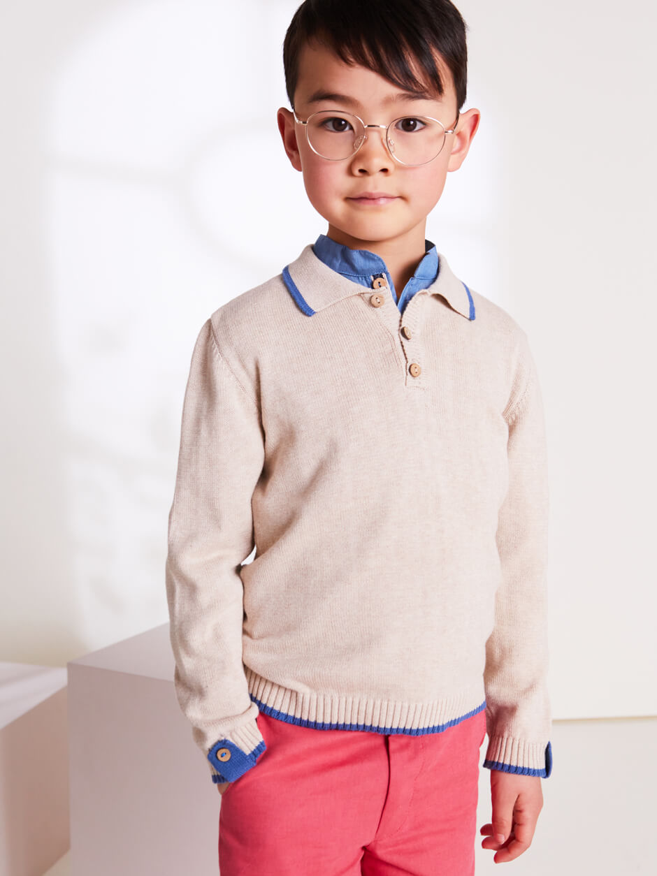 Polo Collar Stripe Sweater in Beige (12mths-10yrs) Knitwear  from Pepa London