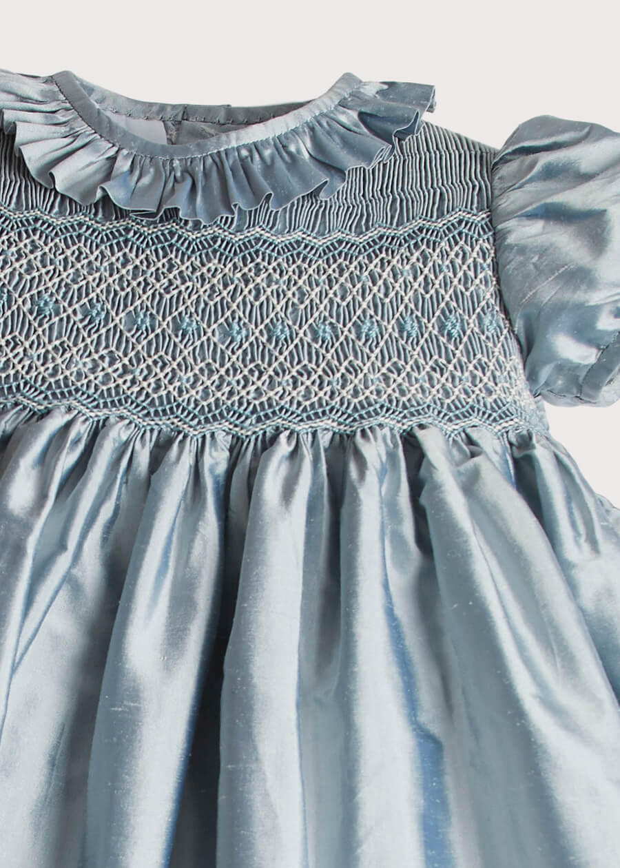 smocked silk dress Bagatelle White/Blue Silk Handmade Smocked Dress