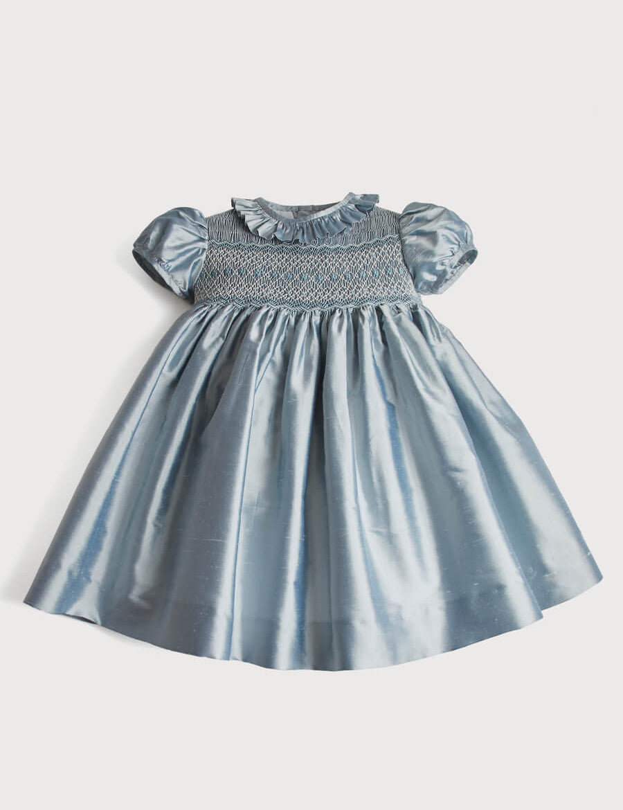 Girls Silk Hand Smocked Celebration Dress in Blue (6mths-10yrs) Dresses from Pepa London