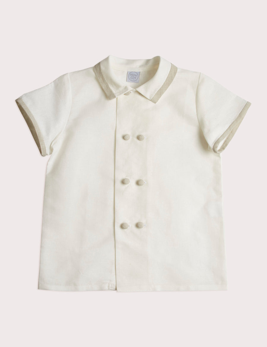 Linen Boys Celebration Shirt White with Beige Piping (4-10yrs) Shirts  from Pepa London