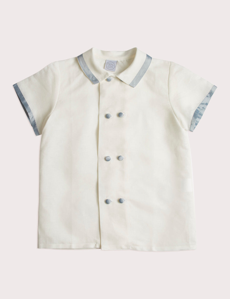 Linen Boys Celebration Shirt White with Blue Silk piping (3-10yrs) Shirts from Pepa London