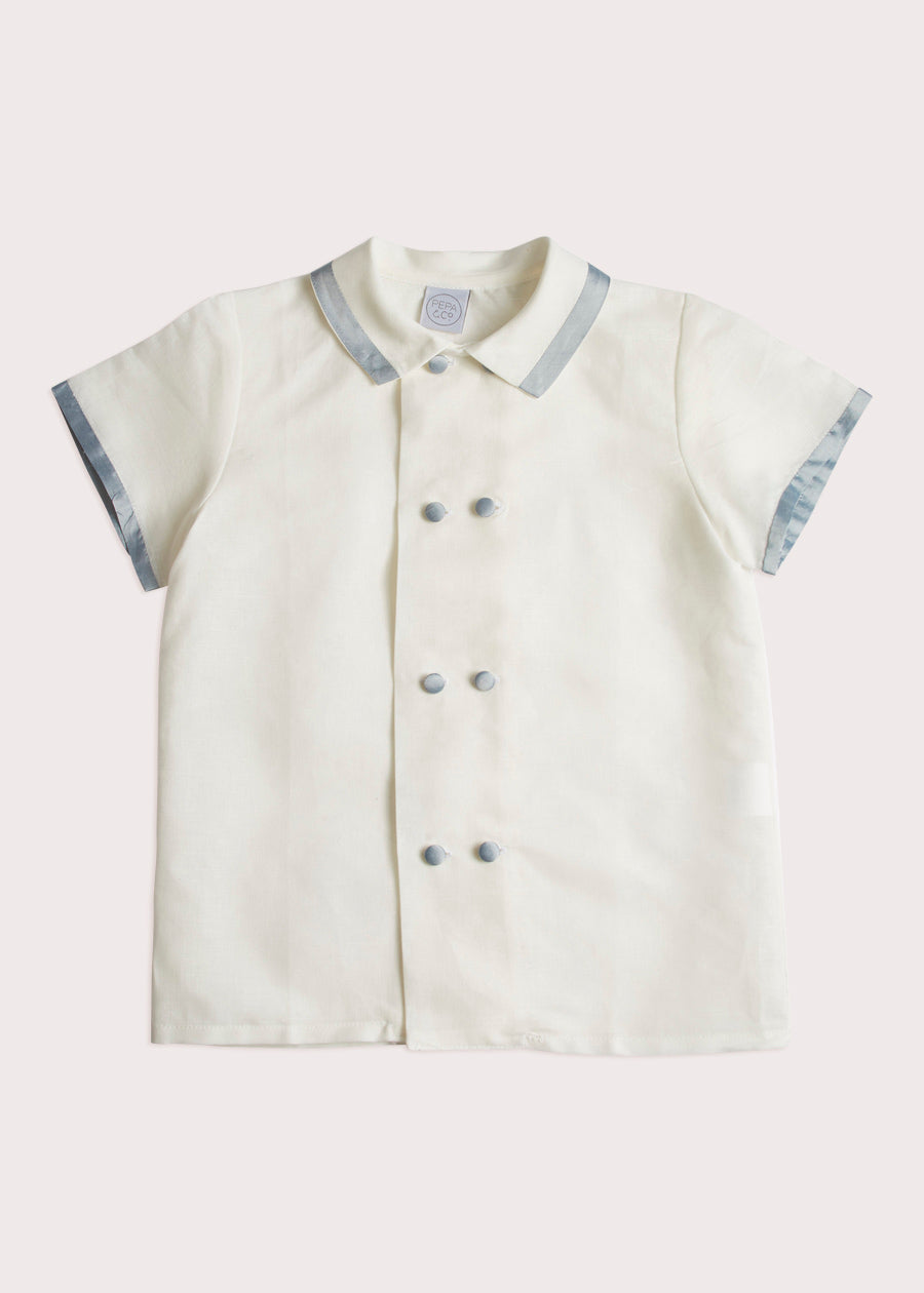 Linen Boys Celebration Shirt White with Blue Silk piping (3-10yrs) Shirts from Pepa London