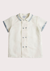 Linen Boys Celebration Shirt White with Blue Silk piping (3-10yrs) Shirts from Pepa London