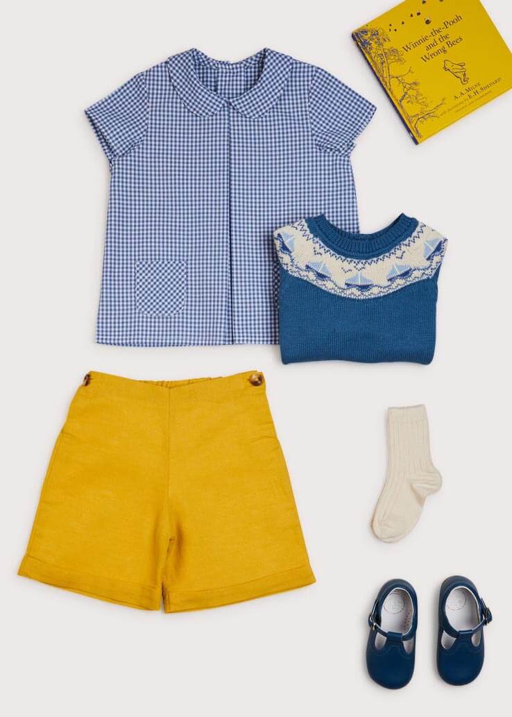 Gingham Check Peter Pan Collar Shirt in Navy (12mths-3yrs) Shirts  from Pepa London