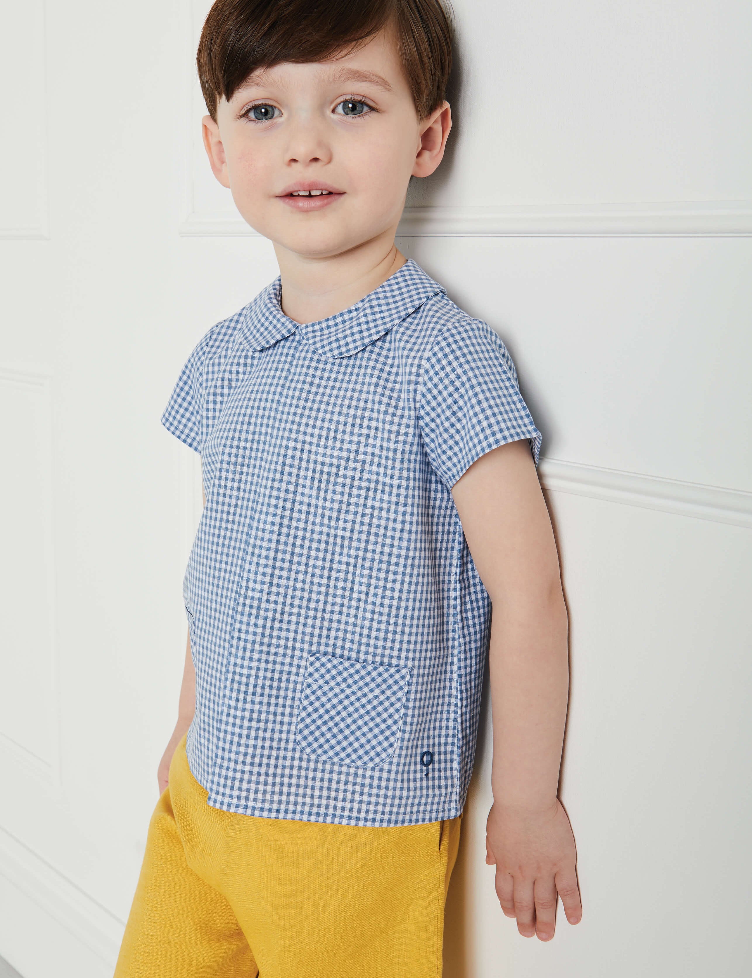 Gingham Check Peter Pan Collar Shirt in Navy (12mths-3yrs) Shirts  from Pepa London