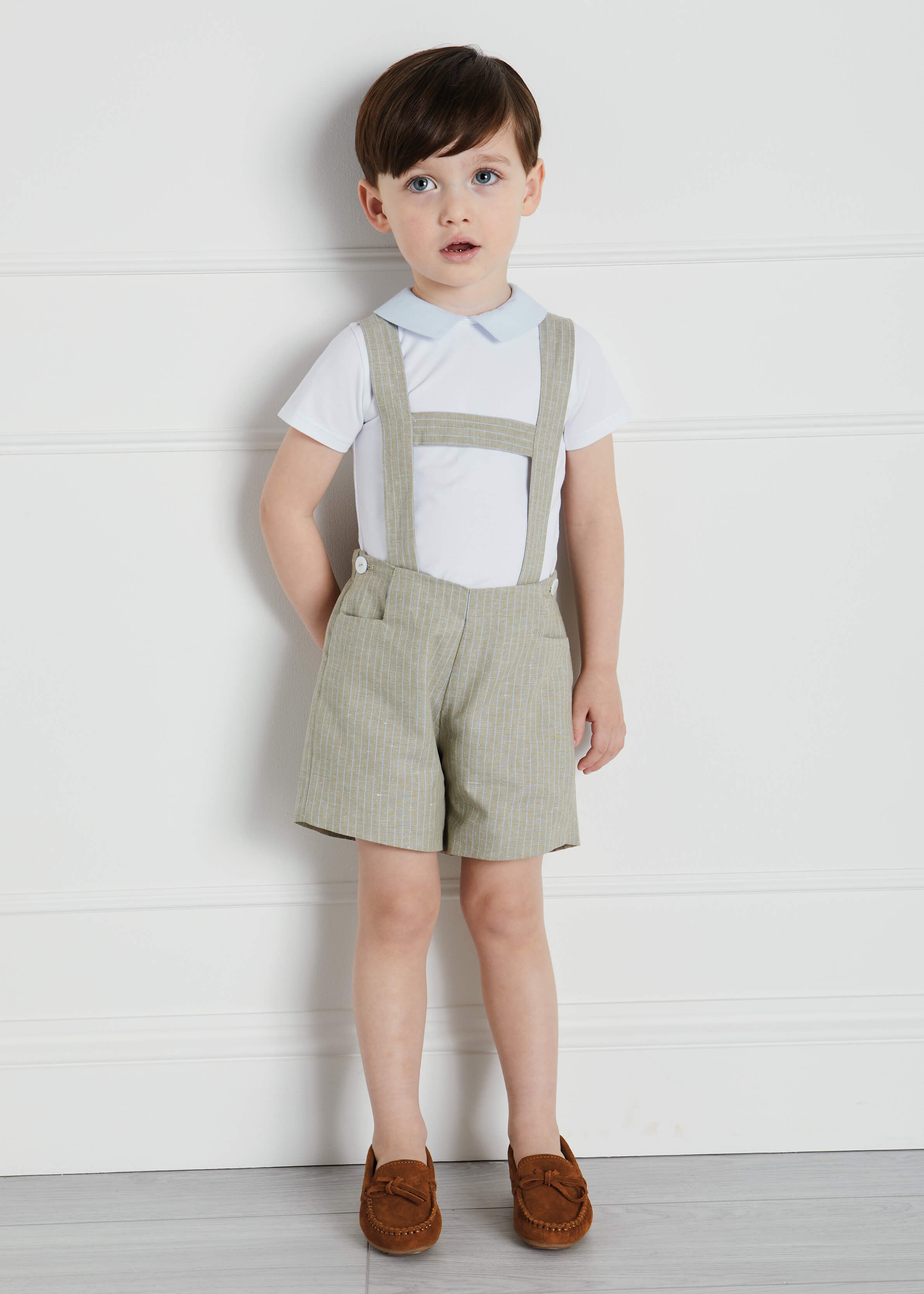 Thin Stripe Button Detail Shorts With Braces in Green (18mths-3yrs) SHORTS from Pepa London