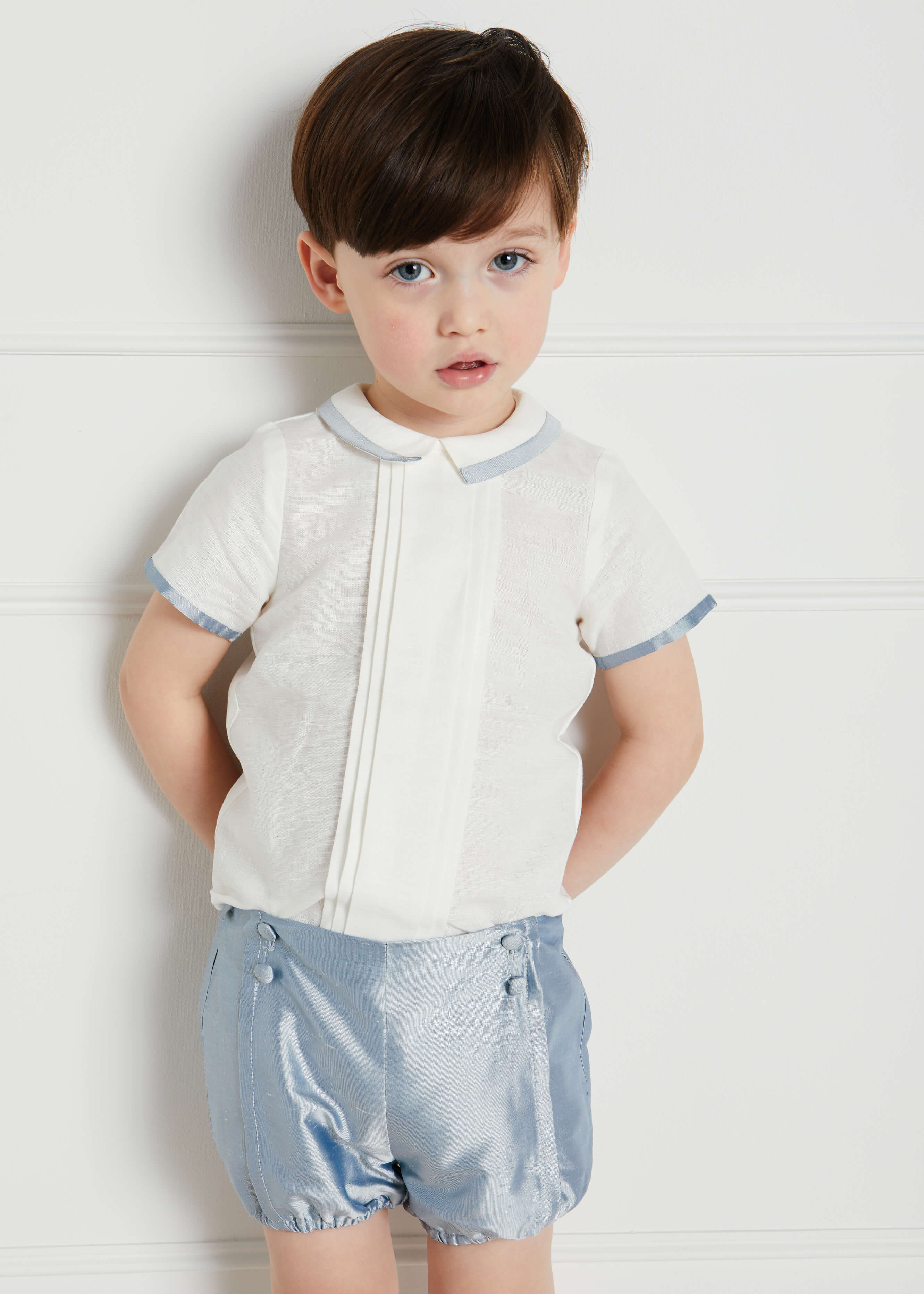 Baby Boy Celebration Blue Silk Bloomers and Linen Shirt Set (12mths-4yrs) Sets from Pepa London