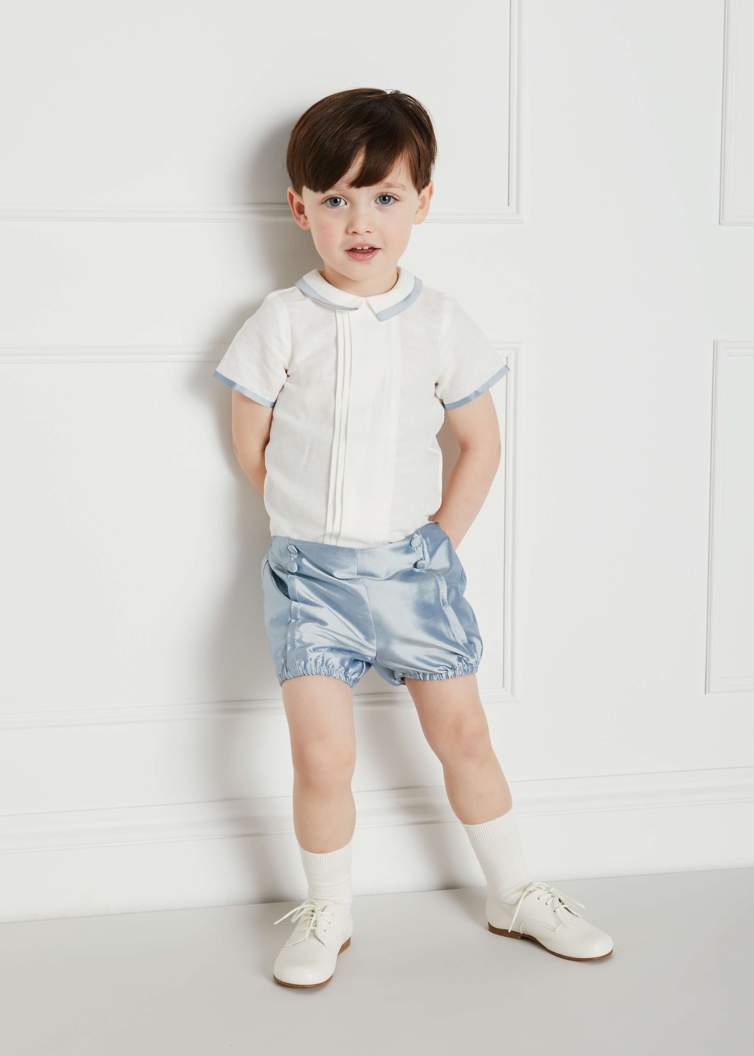 Baby Boy Celebration Blue Silk Bloomers and Linen Shirt Set (12mths-4yrs) Sets from Pepa London