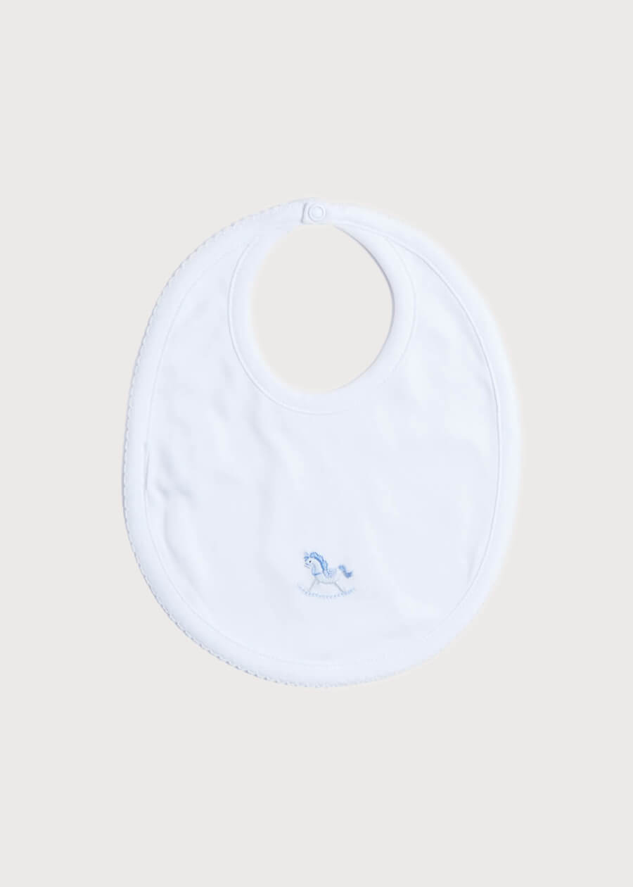 White Bib with Blue Embroidered Rocking Horse Accessories  from Pepa London