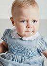 Hand Smocked Peter Pan Collar Short Sleeve Romper in Blue (3-18mths) Rompers  from Pepa London